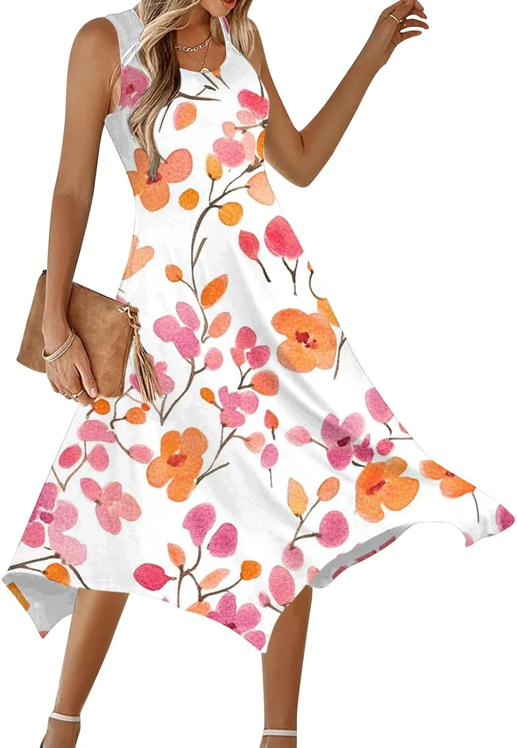 Ruziyoog Women's Boho Floral Print Maxi Dress Hankerchief Hem Tank Dresses Casual Summer Sleeveless Flowy Beach Sundress