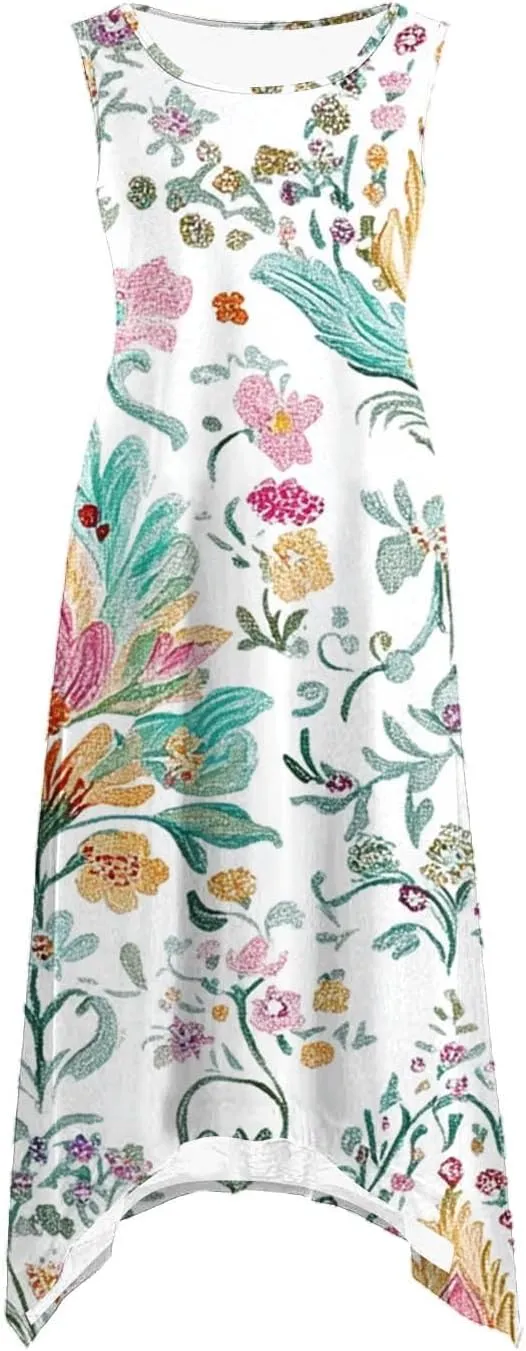 Ruziyoog Women's Boho Floral Print Maxi Dress Hankerchief Hem Tank Dresses Casual Summer Sleeveless Flowy Beach Sundress