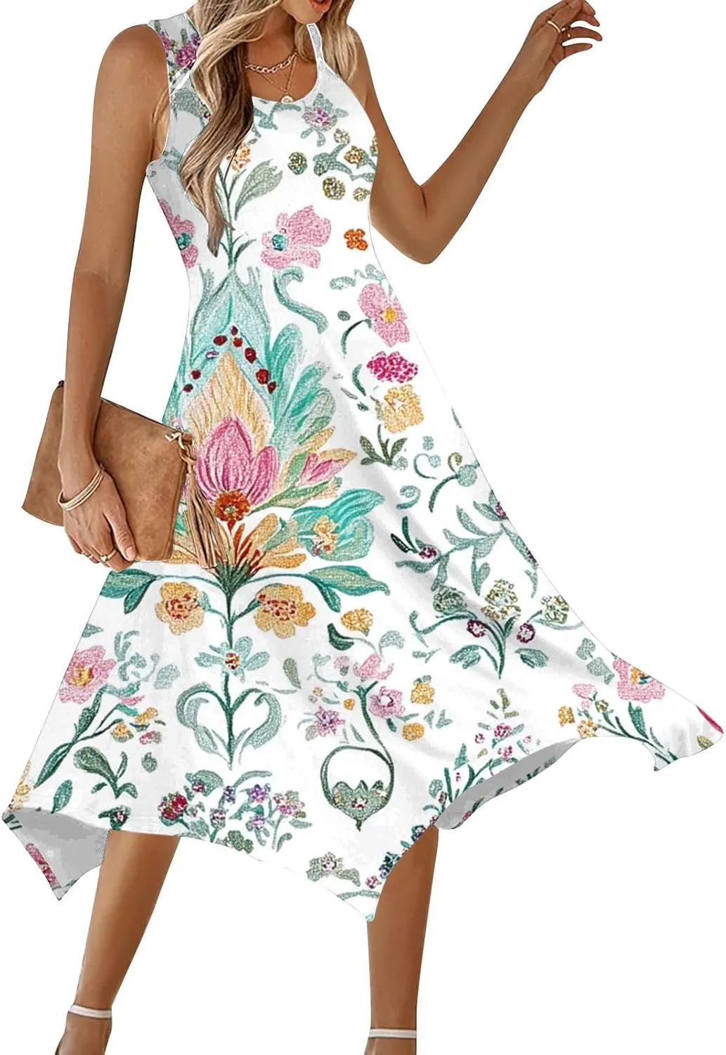 Ruziyoog Women's Boho Floral Print Maxi Dress Hankerchief Hem Tank Dresses Casual Summer Sleeveless Flowy Beach Sundress