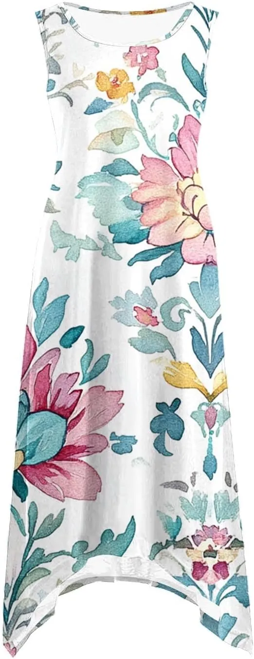 Ruziyoog Women's Boho Floral Print Maxi Dress Hankerchief Hem Tank Dresses Casual Summer Sleeveless Flowy Beach Sundress