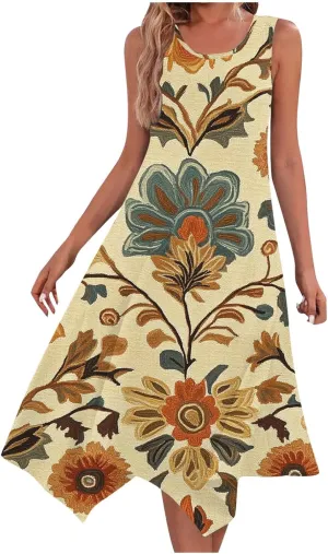 Ruziyoog Women's Boho Floral Print Maxi Dress Hankerchief Hem Tank Dresses Casual Summer Sleeveless Flowy Beach Sundress