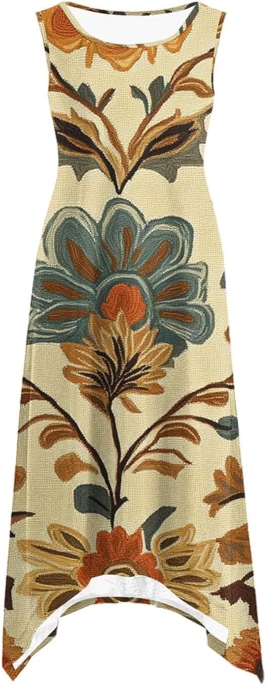 Ruziyoog Women's Boho Floral Print Maxi Dress Hankerchief Hem Tank Dresses Casual Summer Sleeveless Flowy Beach Sundress