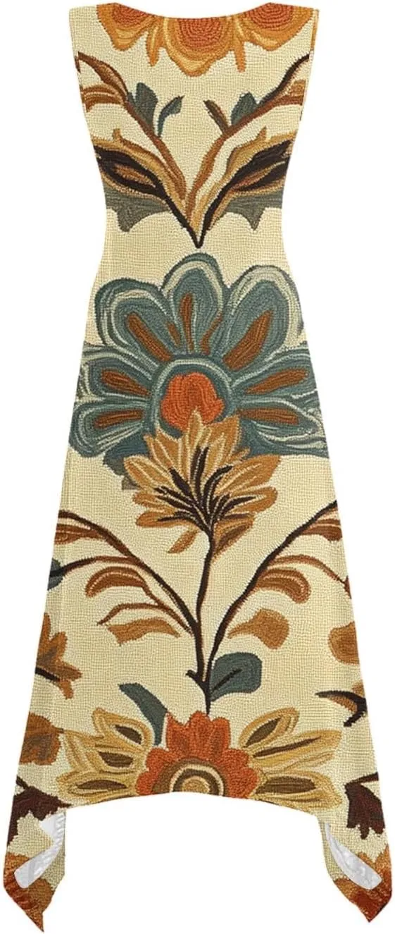 Ruziyoog Women's Boho Floral Print Maxi Dress Hankerchief Hem Tank Dresses Casual Summer Sleeveless Flowy Beach Sundress