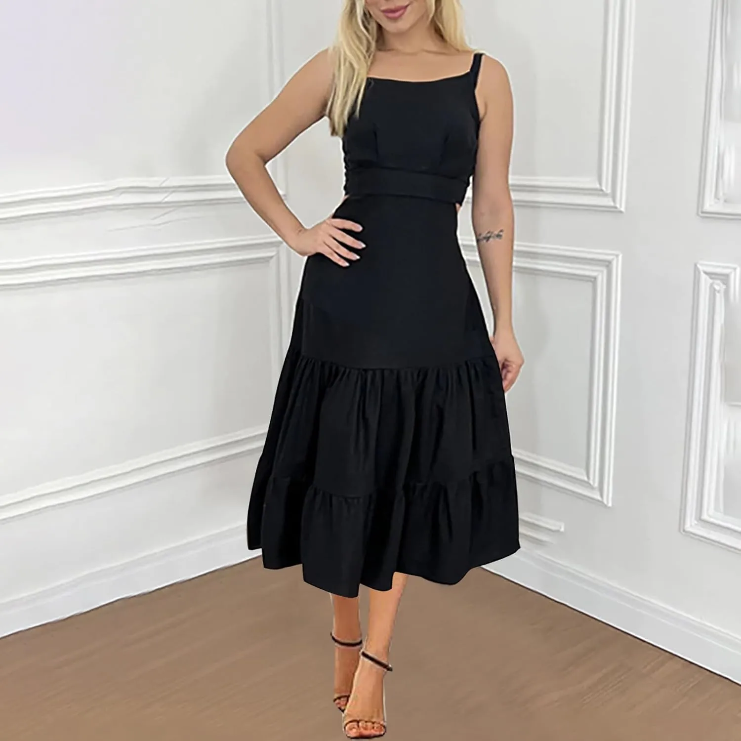 Ruziyoog Womens Summer Sleeveless Midi Dress Adjustable Spaghetti Strap Ruffle A Line Dress Empire Waist Tiered Flowy Dresses