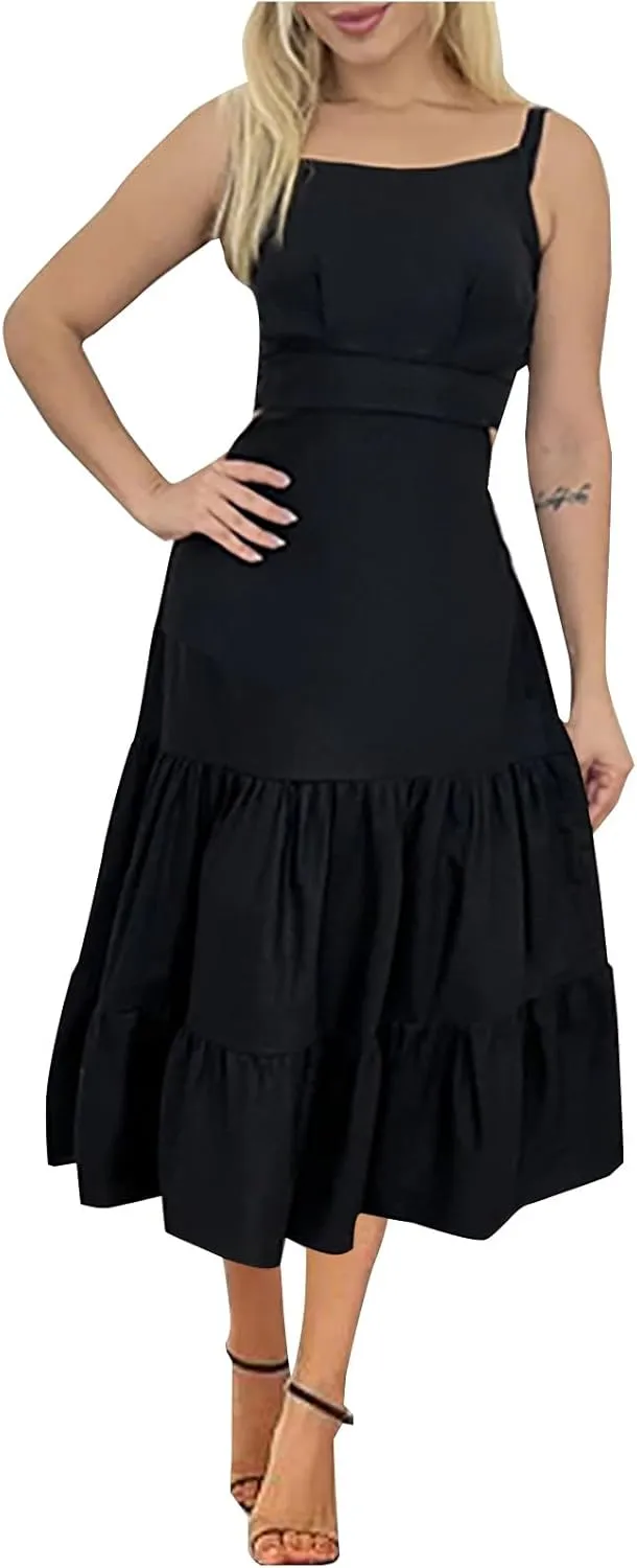 Ruziyoog Womens Summer Sleeveless Midi Dress Adjustable Spaghetti Strap Ruffle A Line Dress Empire Waist Tiered Flowy Dresses