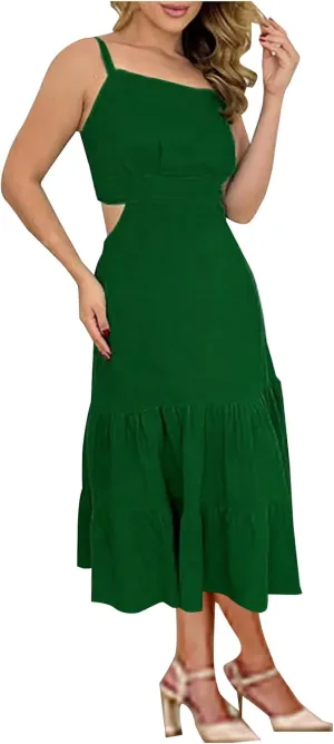 Ruziyoog Womens Summer Sleeveless Midi Dress Adjustable Spaghetti Strap Ruffle A Line Dress Empire Waist Tiered Flowy Dresses