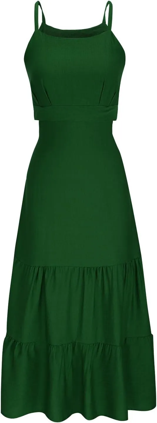 Ruziyoog Womens Summer Sleeveless Midi Dress Adjustable Spaghetti Strap Ruffle A Line Dress Empire Waist Tiered Flowy Dresses