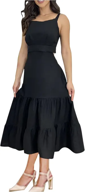 Ruziyoog Womens Summer Sleeveless Midi Dress Adjustable Spaghetti Strap Ruffle A Line Dress Empire Waist Tiered Flowy Dresses
