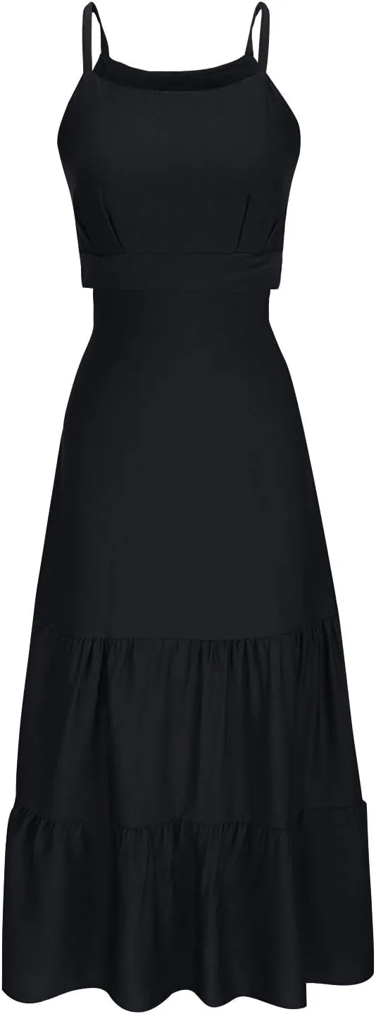 Ruziyoog Womens Summer Sleeveless Midi Dress Adjustable Spaghetti Strap Ruffle A Line Dress Empire Waist Tiered Flowy Dresses