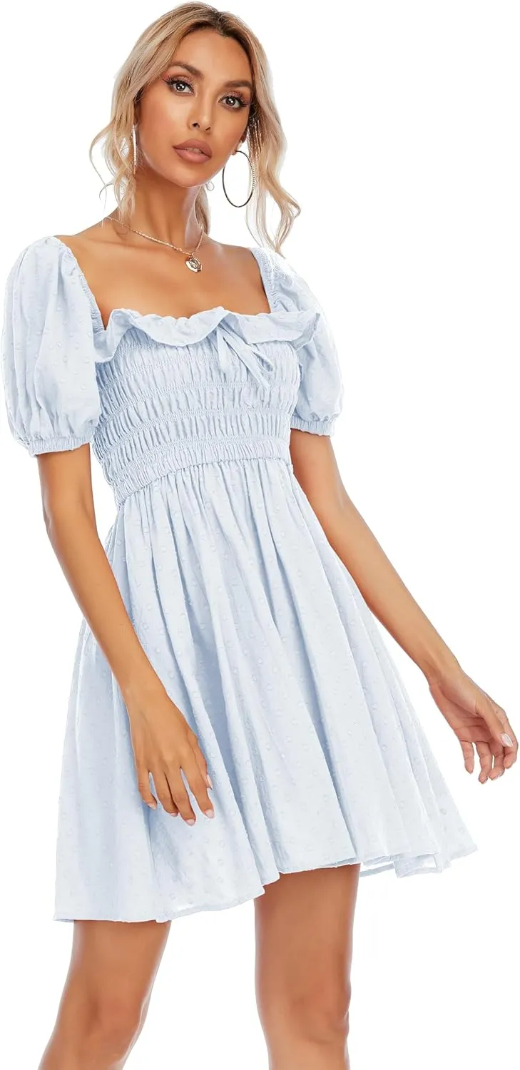 R.Vivimos Women's Summer Cotton Short Sleeve Square Neck Elastic Smocked Ruffle Floral Print Swing Mini Dress