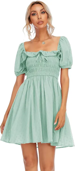 R.Vivimos Women's Summer Cotton Short Sleeve Square Neck Elastic Smocked Ruffle Floral Print Swing Mini Dress