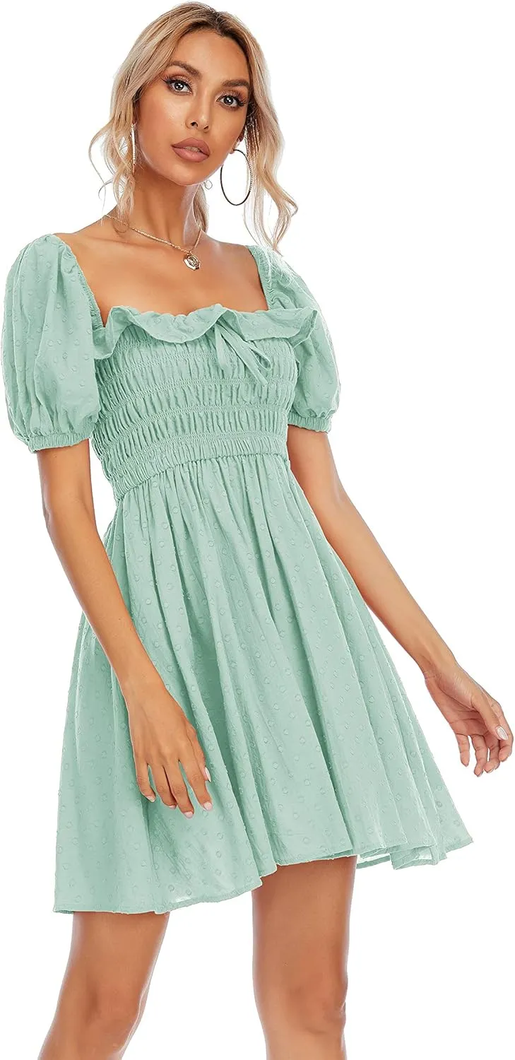 R.Vivimos Women's Summer Cotton Short Sleeve Square Neck Elastic Smocked Ruffle Floral Print Swing Mini Dress