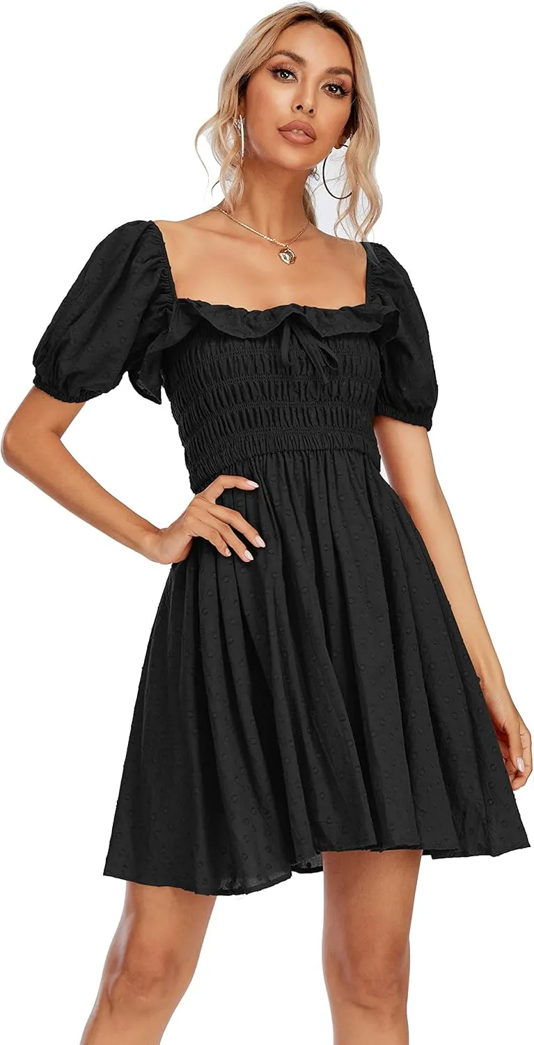 R.Vivimos Women's Summer Cotton Short Sleeve Square Neck Elastic Smocked Ruffle Floral Print Swing Mini Dress