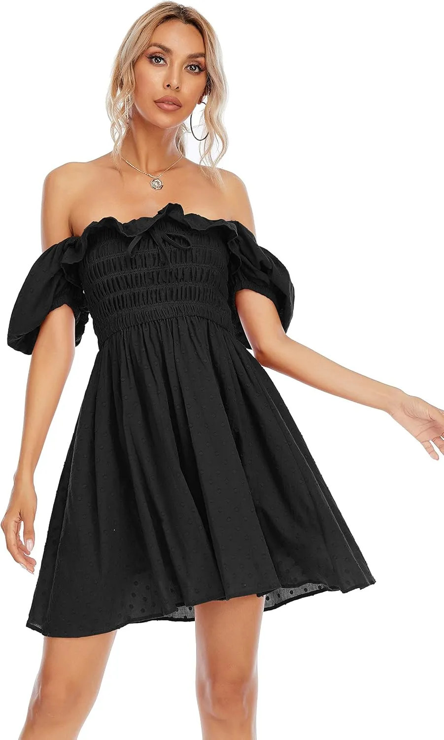 R.Vivimos Women's Summer Cotton Short Sleeve Square Neck Elastic Smocked Ruffle Floral Print Swing Mini Dress