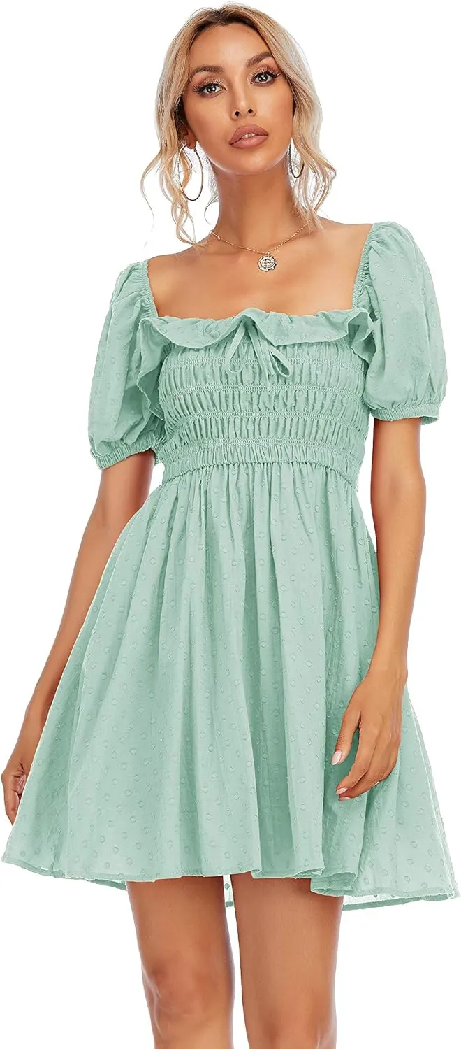 R.Vivimos Women's Summer Cotton Short Sleeve Square Neck Elastic Smocked Ruffle Floral Print Swing Mini Dress