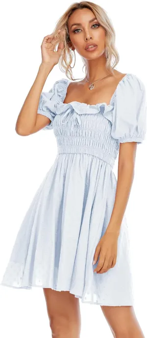 R.Vivimos Women's Summer Cotton Short Sleeve Square Neck Elastic Smocked Ruffle Floral Print Swing Mini Dress