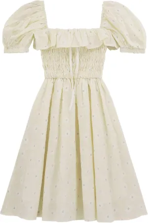 R.Vivimos Women's Summer Cotton Short Sleeve Square Neck Elastic Smocked Ruffle Floral Print Swing Mini Dress