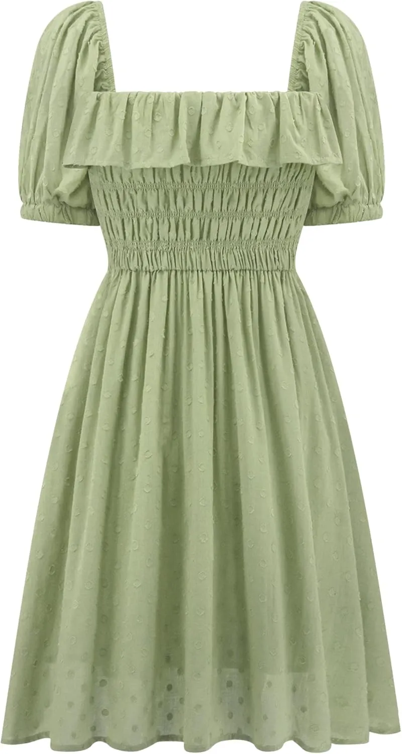 R.Vivimos Women's Summer Cotton Short Sleeve Square Neck Elastic Smocked Ruffle Floral Print Swing Mini Dress