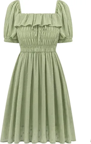 R.Vivimos Women's Summer Cotton Short Sleeve Square Neck Elastic Smocked Ruffle Floral Print Swing Mini Dress