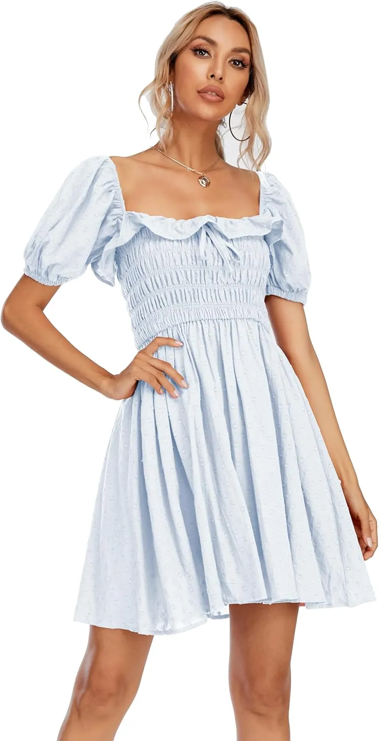 R.Vivimos Women's Summer Cotton Short Sleeve Square Neck Elastic Smocked Ruffle Floral Print Swing Mini Dress