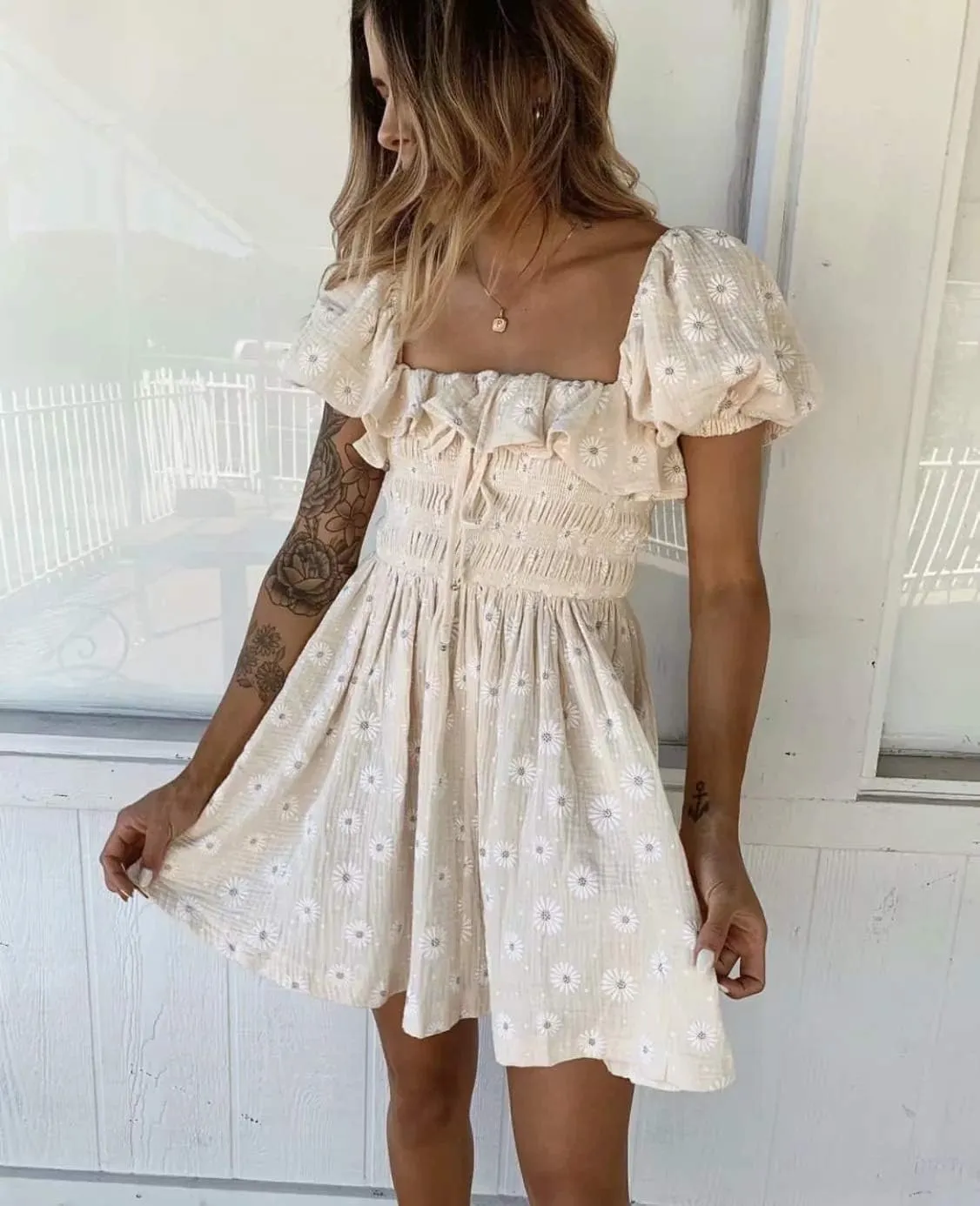 R.Vivimos Women's Summer Cotton Short Sleeve Square Neck Elastic Smocked Ruffle Floral Print Swing Mini Dress
