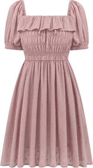 R.Vivimos Women's Summer Cotton Short Sleeve Square Neck Elastic Smocked Ruffle Floral Print Swing Mini Dress