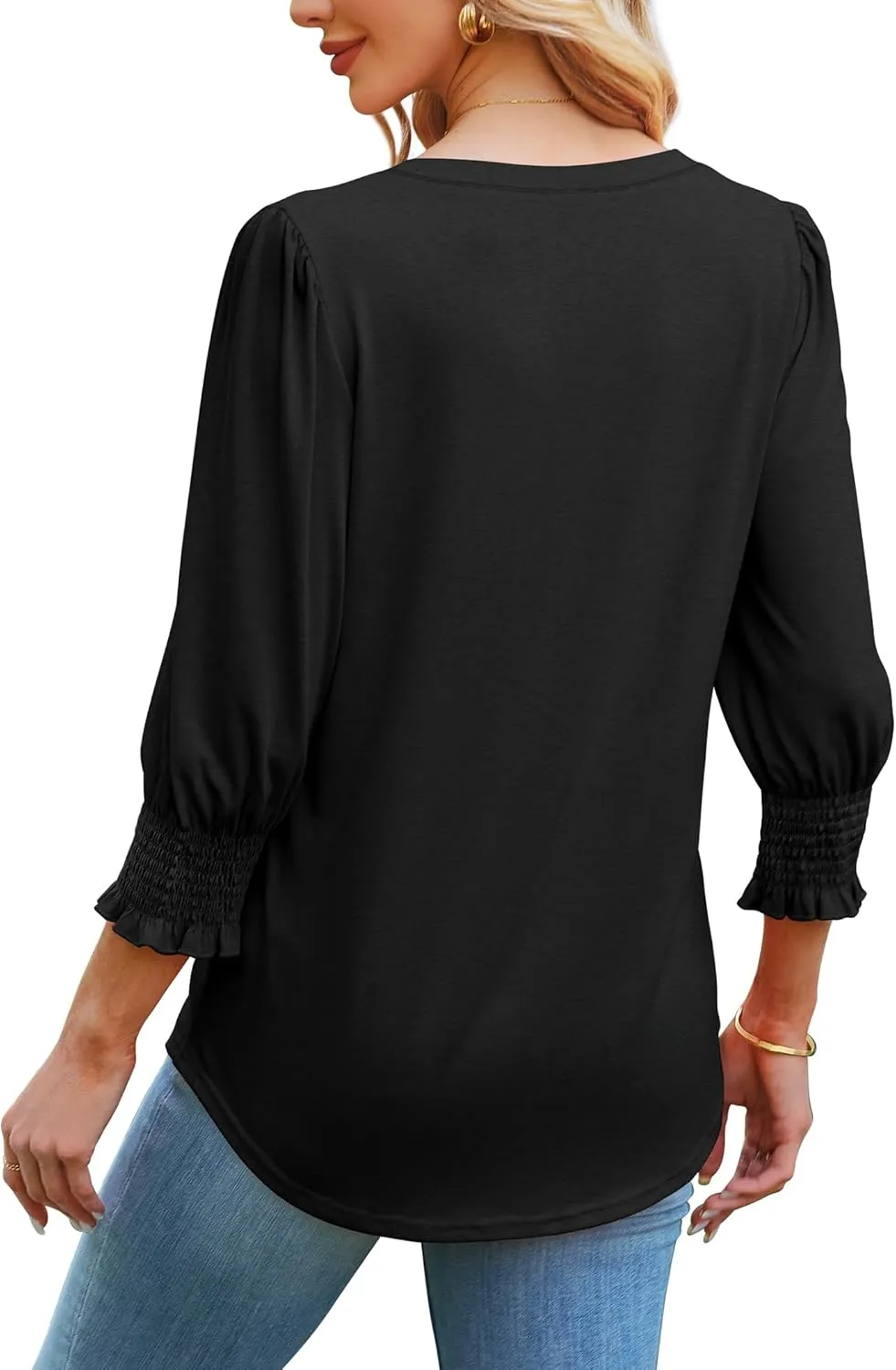 SAMPEEL 3/4 Length Sleeve Womens Tops Dressy Casual Blouses V Neck T Shirts with Smocked Cuffs