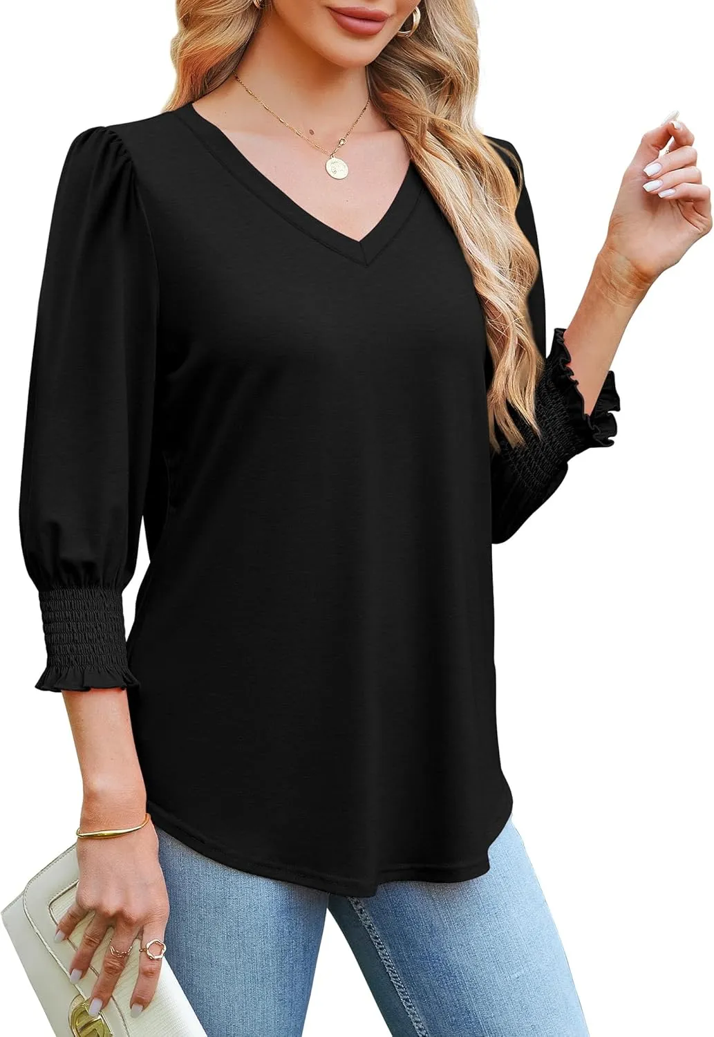 SAMPEEL 3/4 Length Sleeve Womens Tops Dressy Casual Blouses V Neck T Shirts with Smocked Cuffs