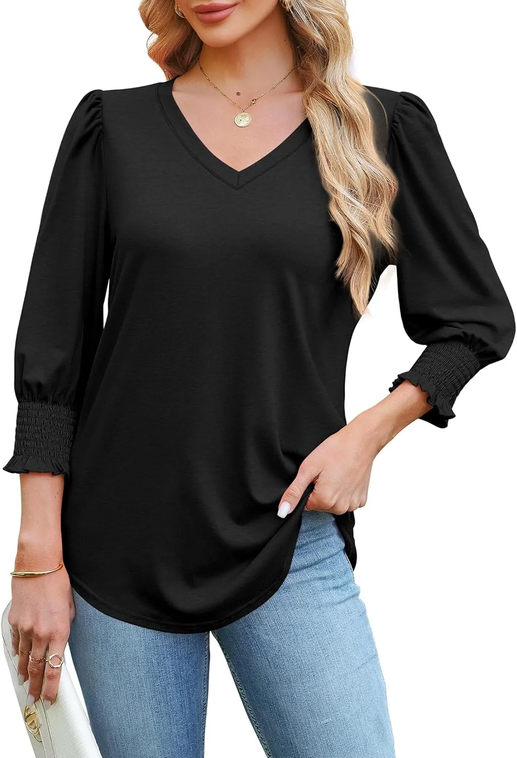 SAMPEEL 3/4 Length Sleeve Womens Tops Dressy Casual Blouses V Neck T Shirts with Smocked Cuffs