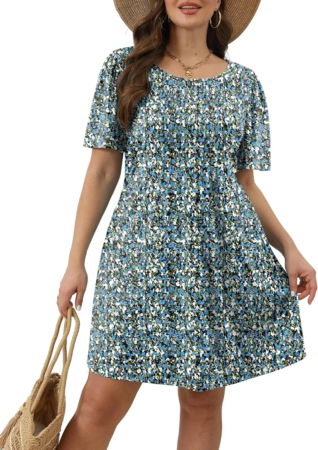 SAMPEEL Womens Pleated Front Summer Dresses Casual Short Sleeve T Shirts Dress with Pockets Vacation Beach Cover Up