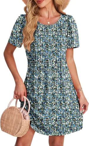 SAMPEEL Womens Pleated Front Summer Dresses Casual Short Sleeve T Shirts Dress with Pockets Vacation Beach Cover Up