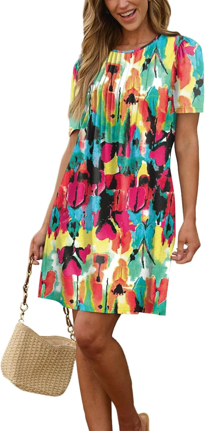 SAMPEEL Womens Pleated Front Summer Dresses Casual Short Sleeve T Shirts Dress with Pockets Vacation Beach Cover Up