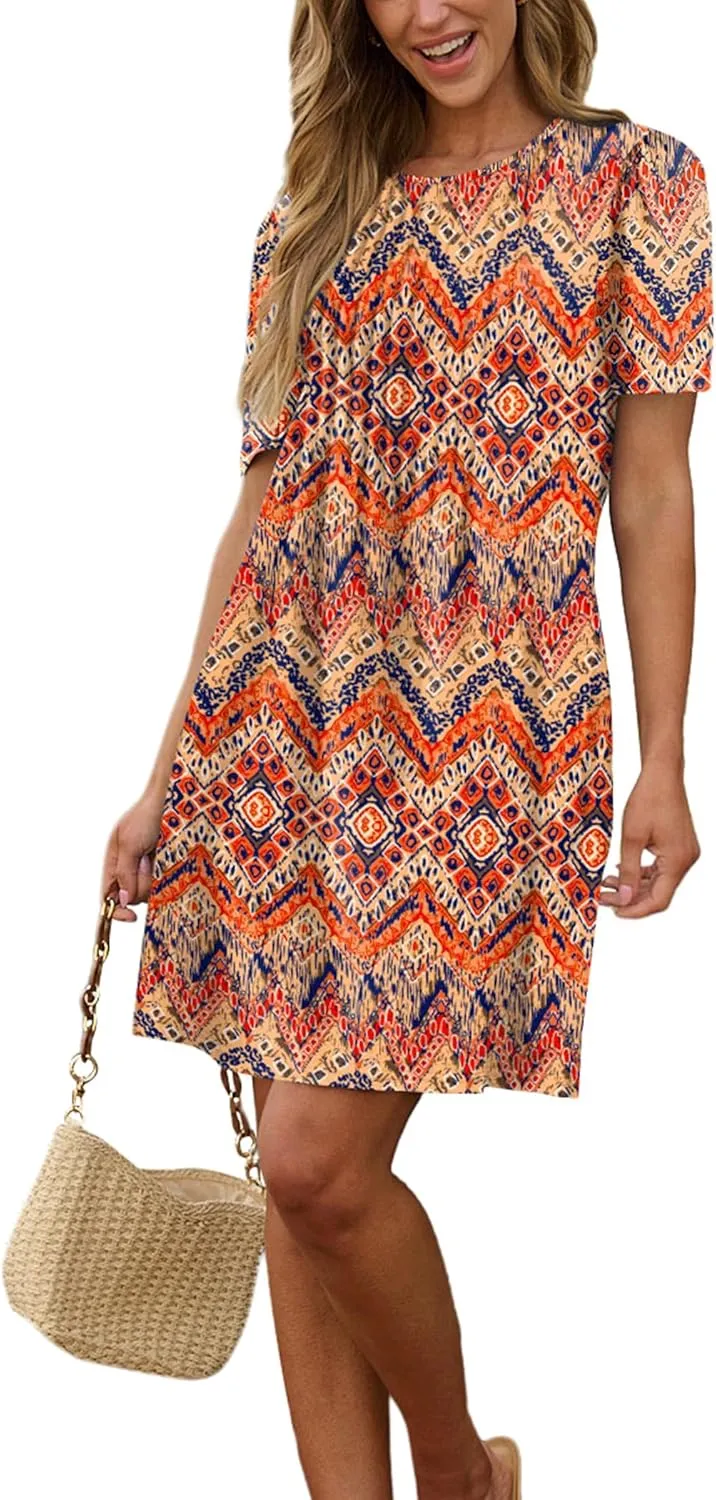 SAMPEEL Womens Pleated Front Summer Dresses Casual Short Sleeve T Shirts Dress with Pockets Vacation Beach Cover Up