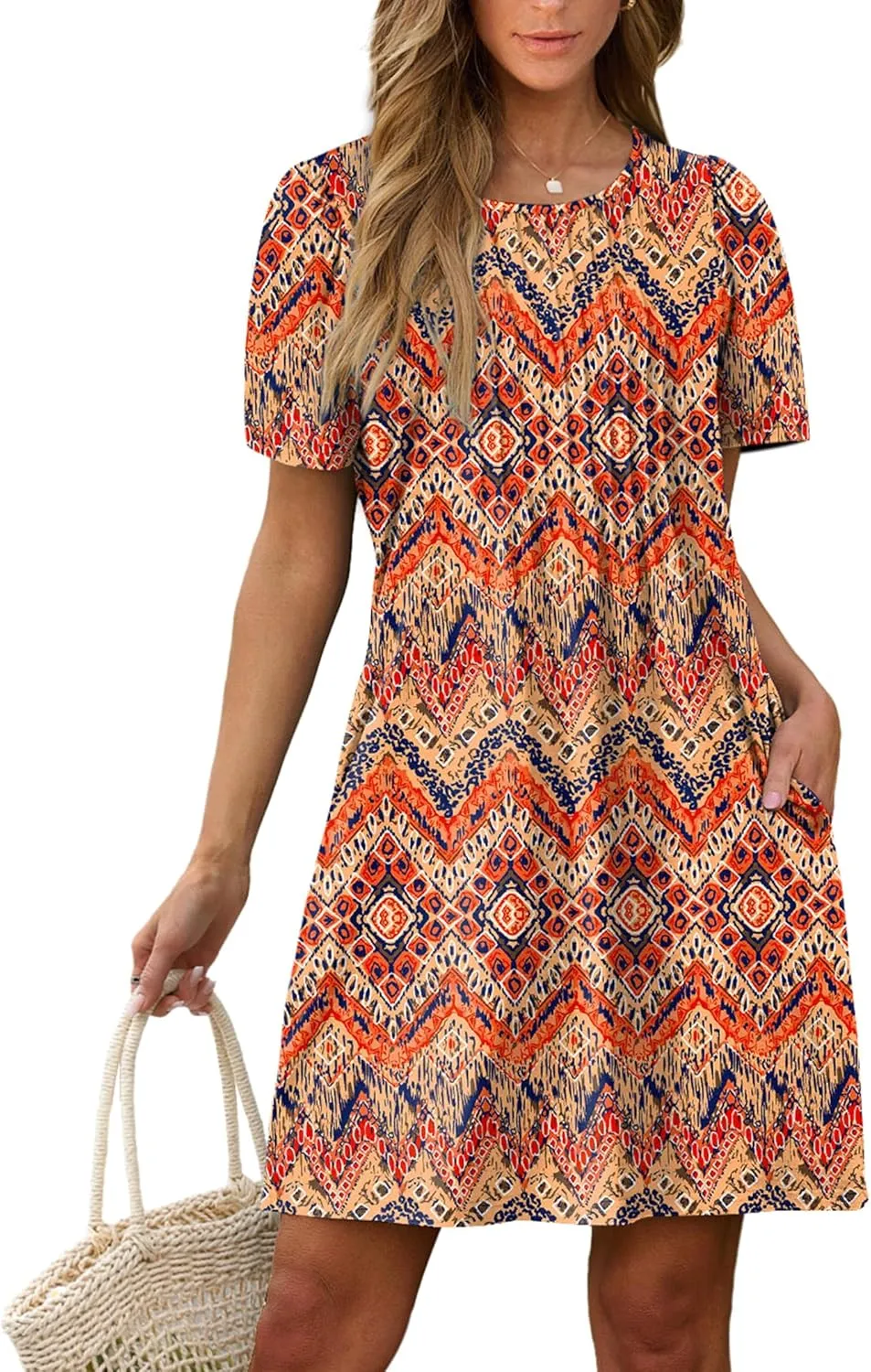 SAMPEEL Womens Pleated Front Summer Dresses Casual Short Sleeve T Shirts Dress with Pockets Vacation Beach Cover Up