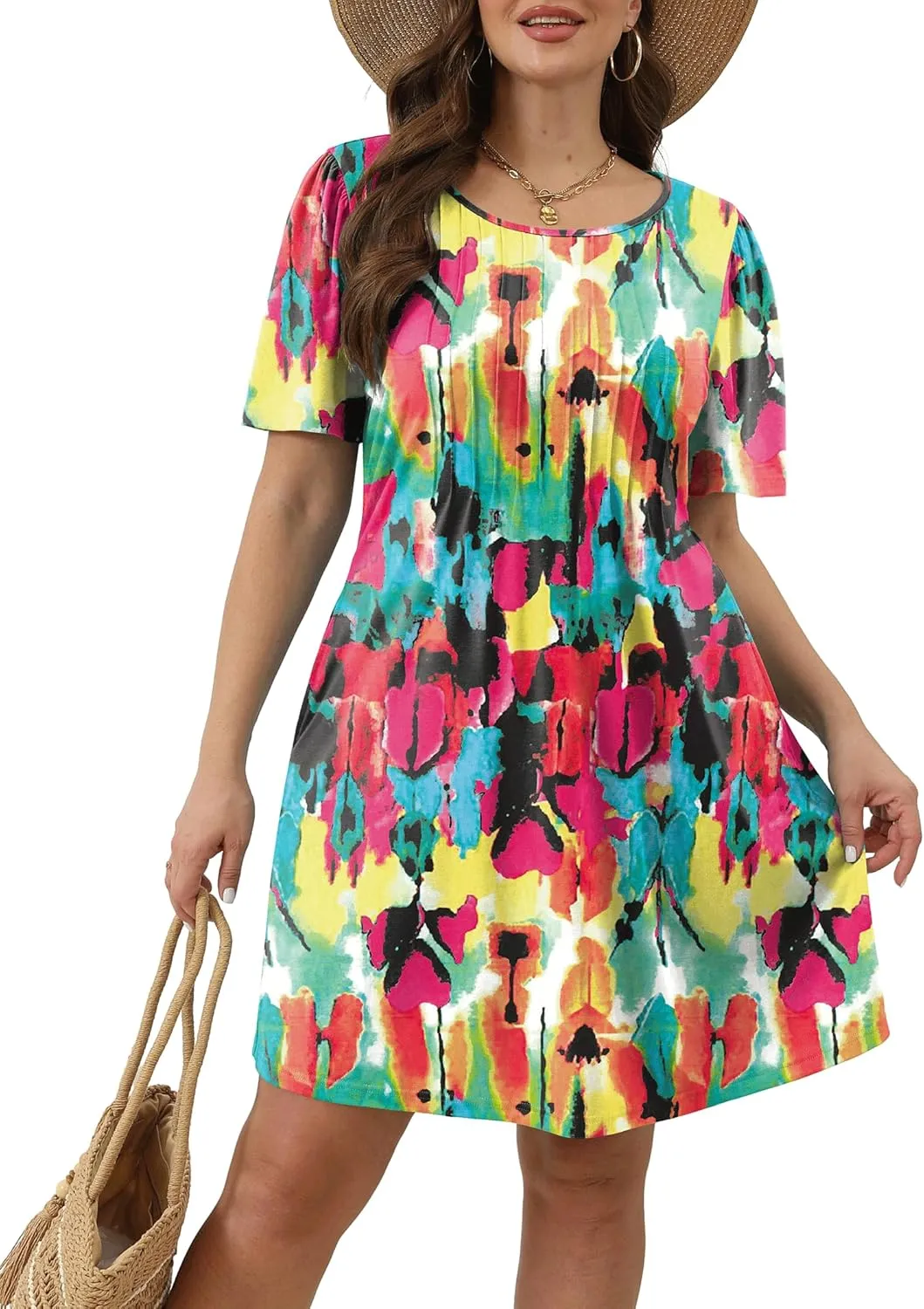 SAMPEEL Womens Pleated Front Summer Dresses Casual Short Sleeve T Shirts Dress with Pockets Vacation Beach Cover Up