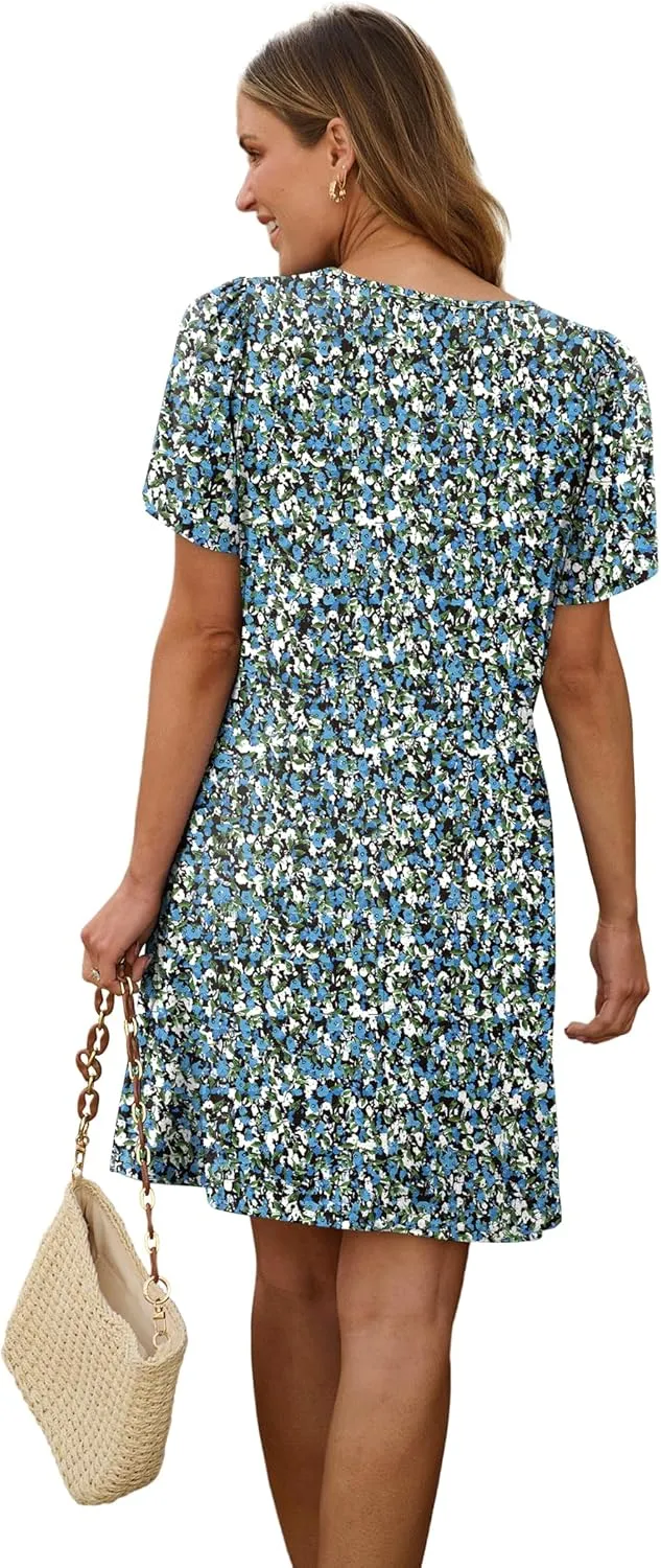 SAMPEEL Womens Pleated Front Summer Dresses Casual Short Sleeve T Shirts Dress with Pockets Vacation Beach Cover Up