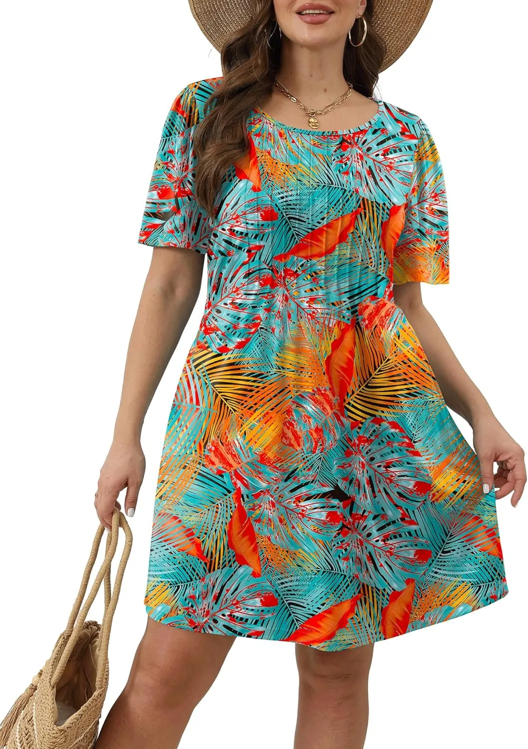 SAMPEEL Womens Pleated Front Summer Dresses Casual Short Sleeve T Shirts Dress with Pockets Vacation Beach Cover Up
