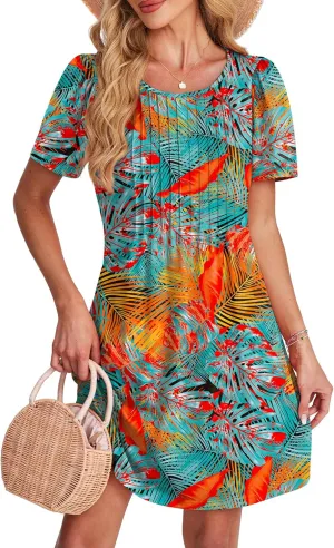 SAMPEEL Womens Pleated Front Summer Dresses Casual Short Sleeve T Shirts Dress with Pockets Vacation Beach Cover Up