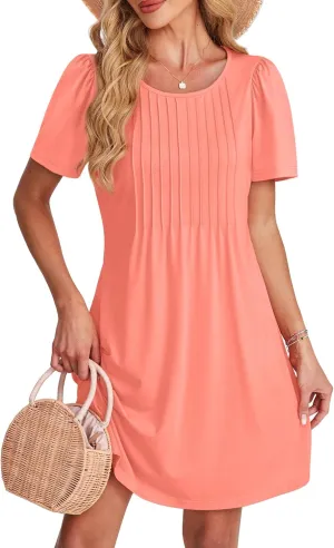 SAMPEEL Womens Pleated Front Summer Dresses Casual Short Sleeve T Shirts Dress with Pockets Vacation Beach Cover Up