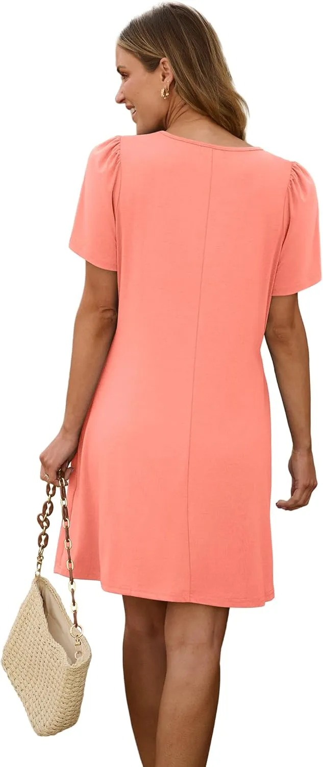 SAMPEEL Womens Pleated Front Summer Dresses Casual Short Sleeve T Shirts Dress with Pockets Vacation Beach Cover Up