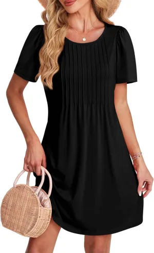 SAMPEEL Womens Pleated Front Summer Dresses Casual Short Sleeve T Shirts Dress with Pockets Vacation Beach Cover Up