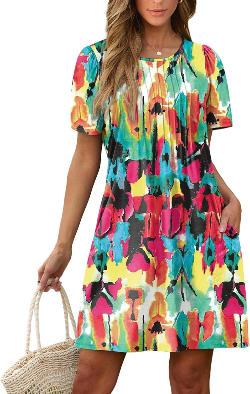 SAMPEEL Womens Pleated Front Summer Dresses Casual Short Sleeve T Shirts Dress with Pockets Vacation Beach Cover Up