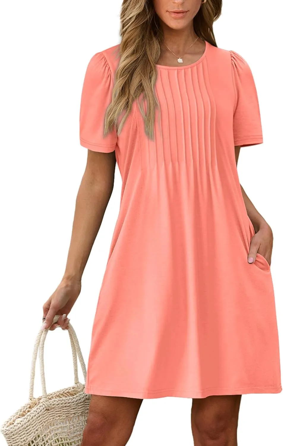 SAMPEEL Womens Pleated Front Summer Dresses Casual Short Sleeve T Shirts Dress with Pockets Vacation Beach Cover Up