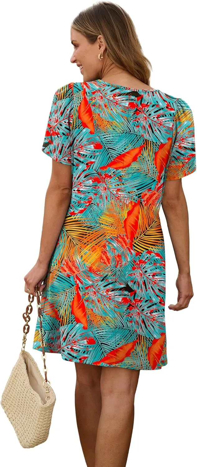 SAMPEEL Womens Pleated Front Summer Dresses Casual Short Sleeve T Shirts Dress with Pockets Vacation Beach Cover Up