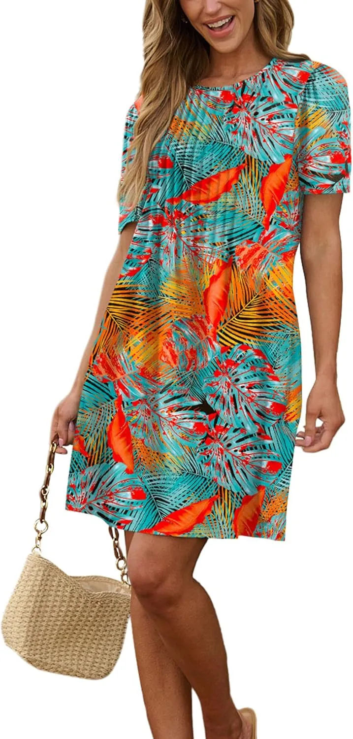 SAMPEEL Womens Pleated Front Summer Dresses Casual Short Sleeve T Shirts Dress with Pockets Vacation Beach Cover Up