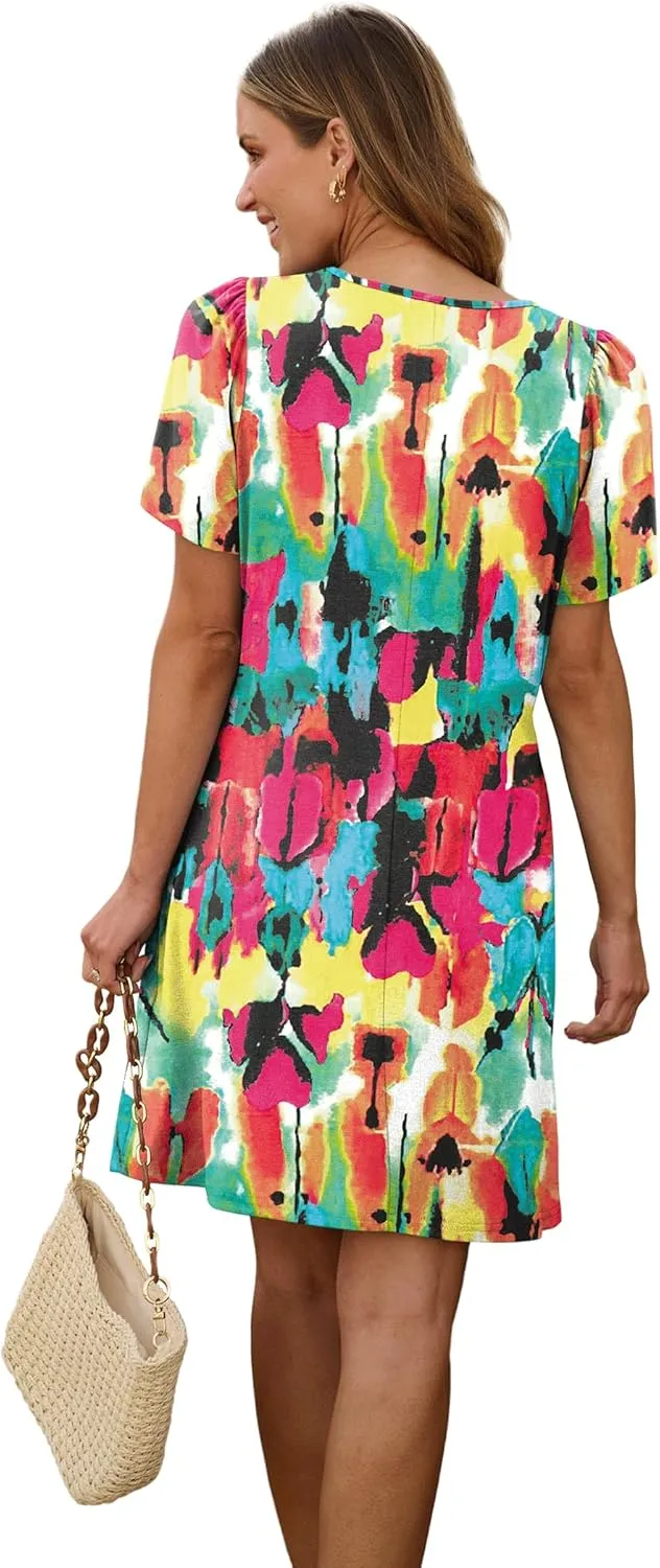 SAMPEEL Womens Pleated Front Summer Dresses Casual Short Sleeve T Shirts Dress with Pockets Vacation Beach Cover Up