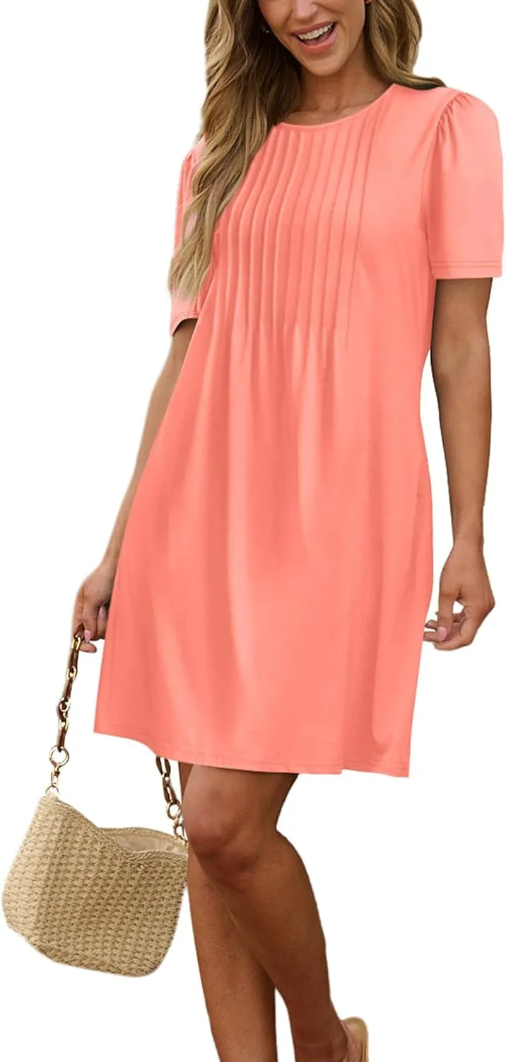 SAMPEEL Womens Pleated Front Summer Dresses Casual Short Sleeve T Shirts Dress with Pockets Vacation Beach Cover Up