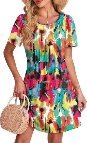 SAMPEEL Womens Pleated Front Summer Dresses Casual Short Sleeve T Shirts Dress with Pockets Vacation Beach Cover Up