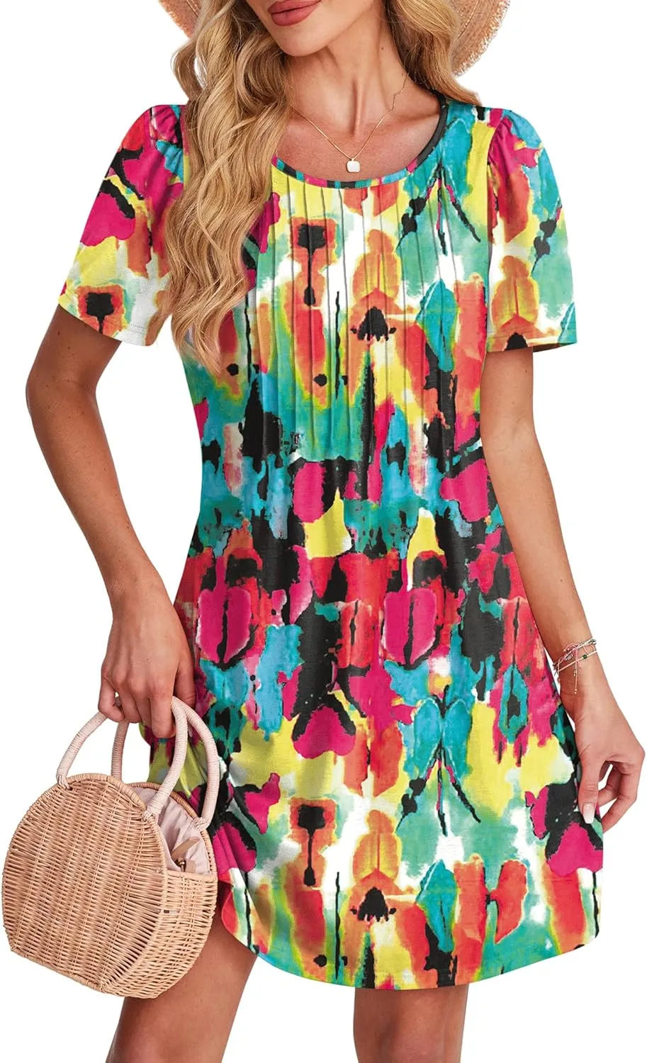 SAMPEEL Womens Pleated Front Summer Dresses Casual Short Sleeve T Shirts Dress with Pockets Vacation Beach Cover Up