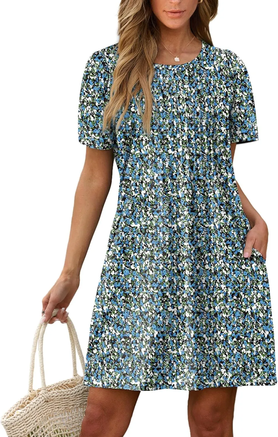 SAMPEEL Womens Pleated Front Summer Dresses Casual Short Sleeve T Shirts Dress with Pockets Vacation Beach Cover Up